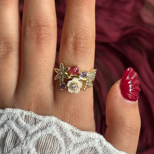 Flower & dragonfly ring