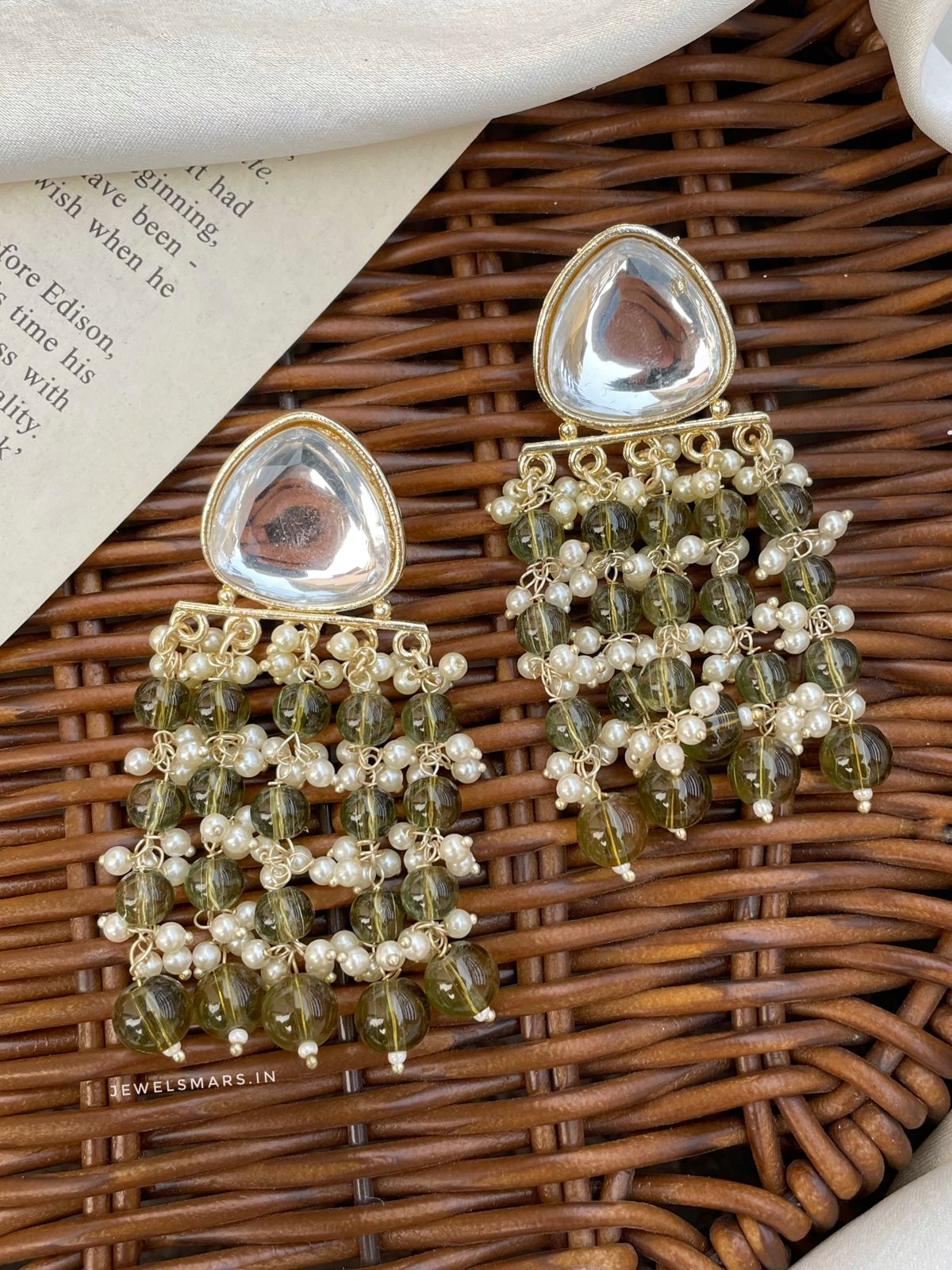 Mahi Kundan Earrings- olive green – Jewelsmars - Main Image
