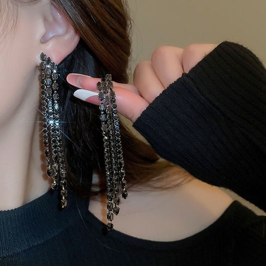 Night Slay! Rhinestone Tassel Earrings