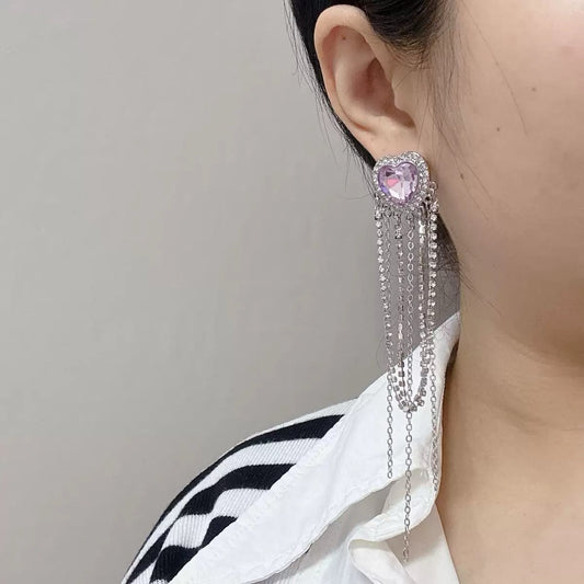 Purple Love Rhinestone Fringe Earrings