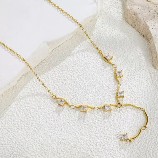 Wavy Lariat Square-Cut Rhinestone Necklace