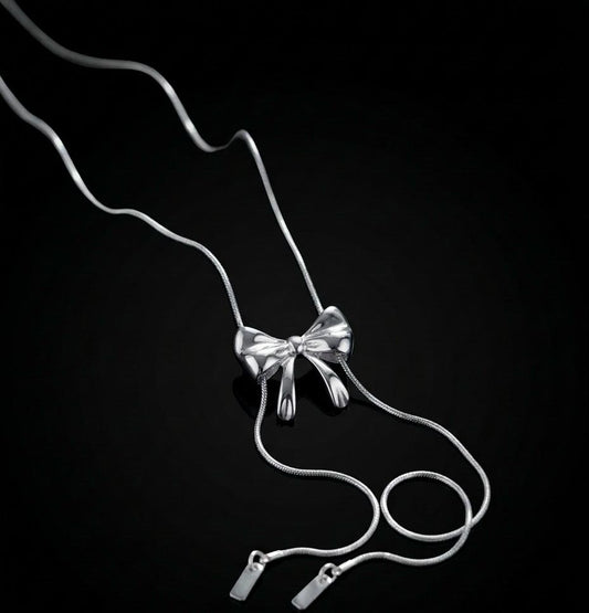 Velvet Bow Silver Lariat Necklace