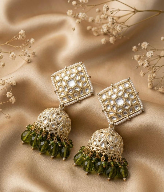 Royal Olive Mirror-Work Jhumkas