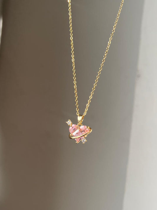 Heart Solitaire Ring Necklace- pink