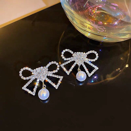 Korean Heart & Bow Pearl Drop Earrings