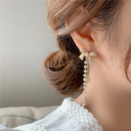 Korean Pearl Integrated Bow Crystal Drop Earrings