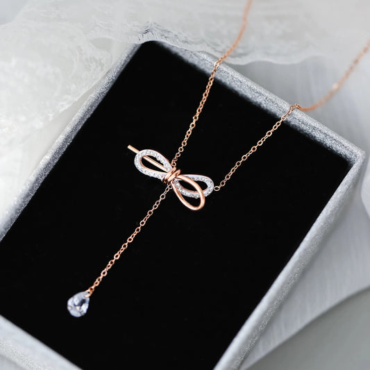 KOREAN BOW CRYSTAL DROP NECKLACE (stainless steel)