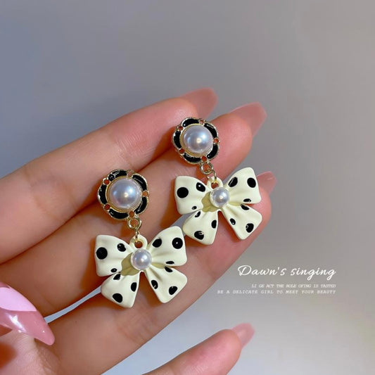 Korean White & Black Polka Dot Bow Earrings