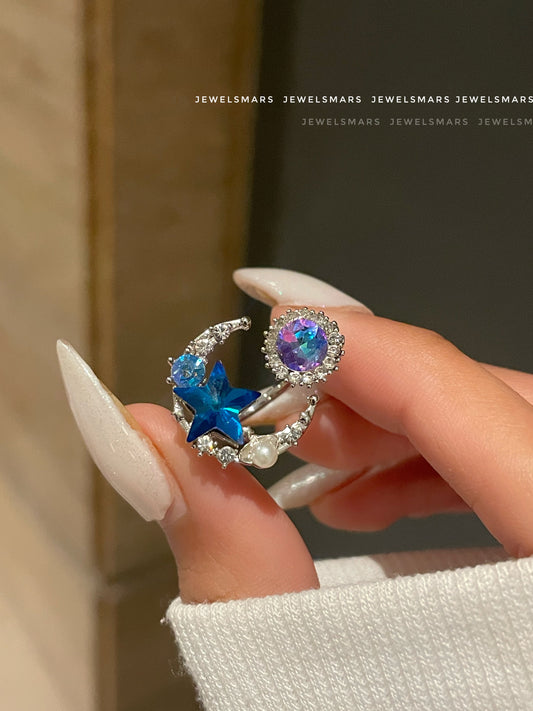 Dreamy Moon Star Ring - blue