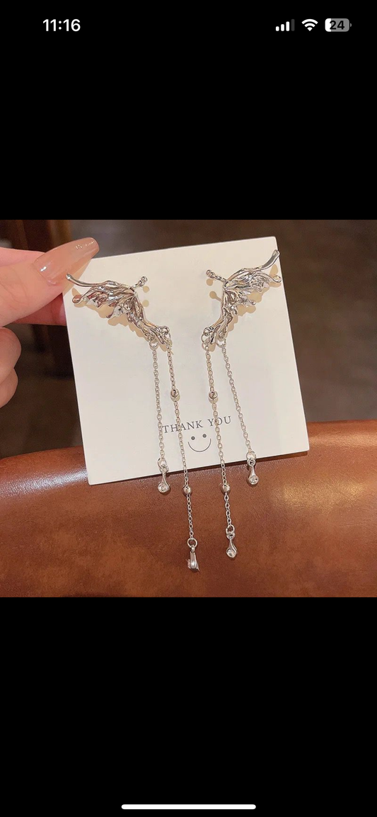 Korean Butterfly tassel drop Earcuffs Earrings