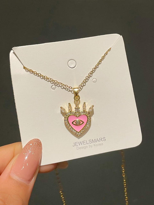 Heart Evil Eye Necklace- pink