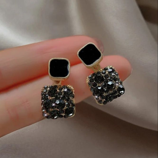 Korean Black Rhinestone Studded Fashion Earrings