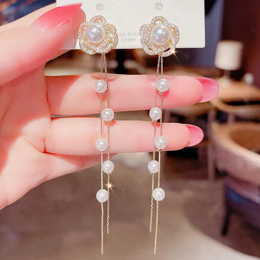 Korean Pearl Rose Flower Drop Earrings- can be worn in multiple ways