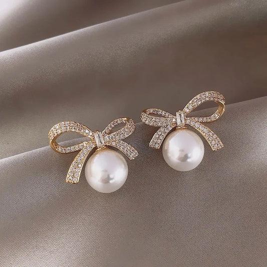 korean Romantic Bow Pearl drop Earrings