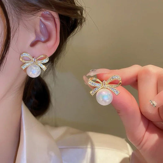 korean Romantic Bow Pearl drop Earrings