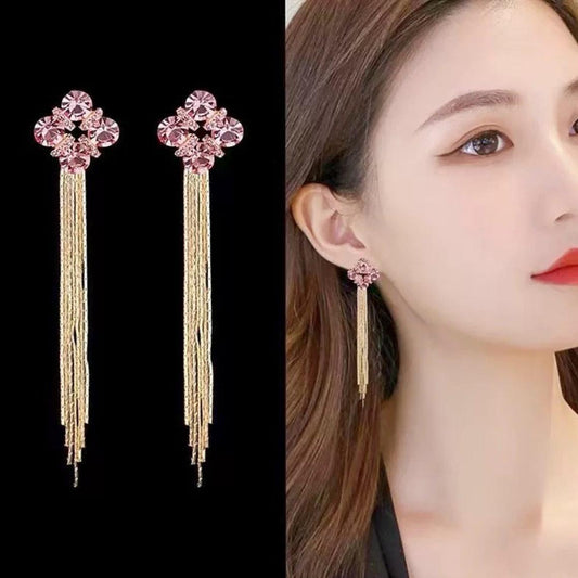 Korean Long tassel drop Earrings- pink