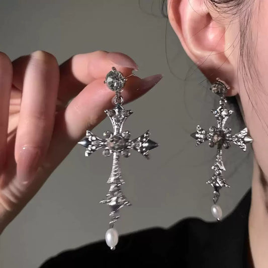 Pearl Sinner Cross Earrings