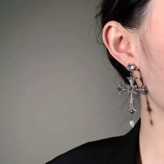Pearl Sinner Cross Earrings