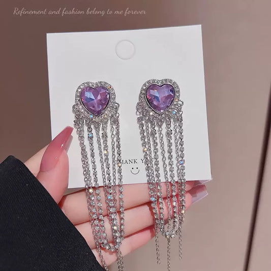 Purple Love Rhinestone Fringe Earrings