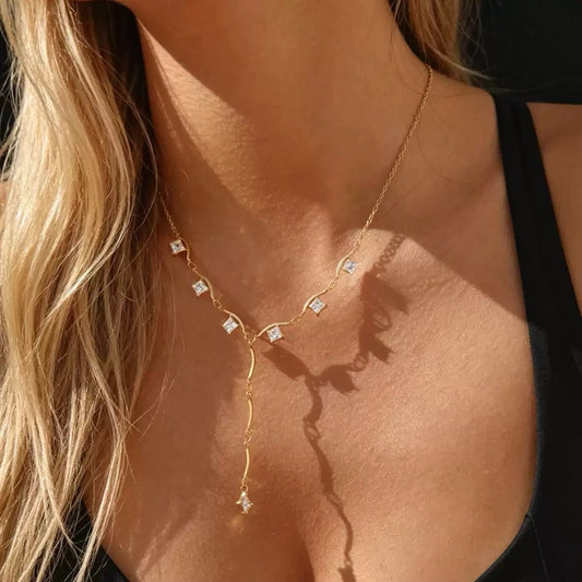 Wavy Lariat Square-Cut Rhinestone Necklace