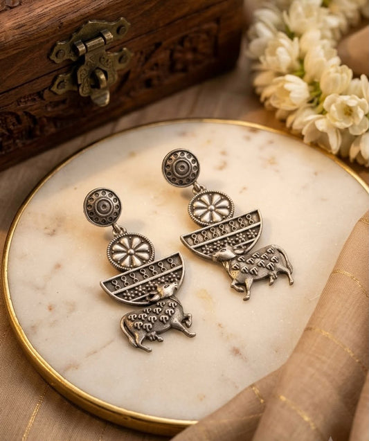 Nandi Sacred Motif Oxidised Drop Earrings