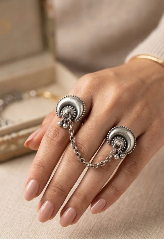 Luna Crescent Chained Double-Finger Ring