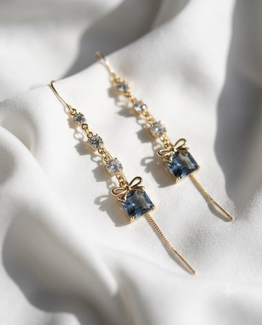 Sapphire Bow Dainty Threader Earrings