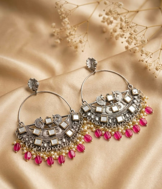 Meera Kundan & Ruby Oxidized Chandbali Earrings