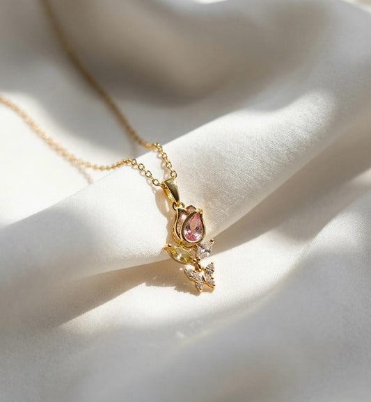 Blushing Tulip & Butterfly Charm Necklace