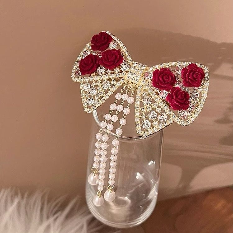 Bow & Roses Dangling Pearls Hair Clip – Jewelsmars