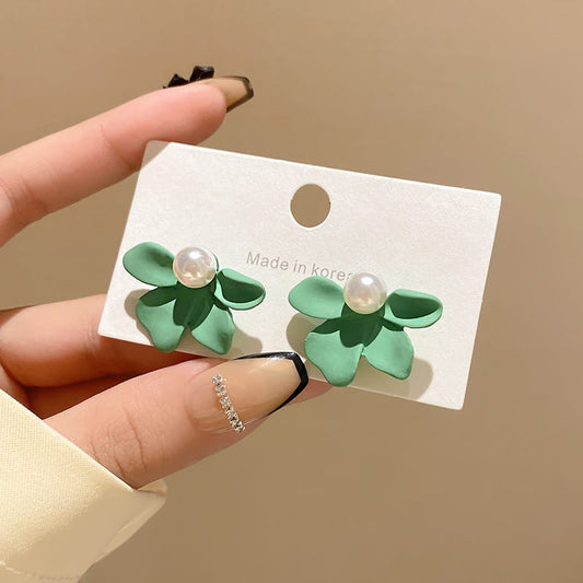 KOREAN Pearl FLOWER PETAL EARRINGS - green