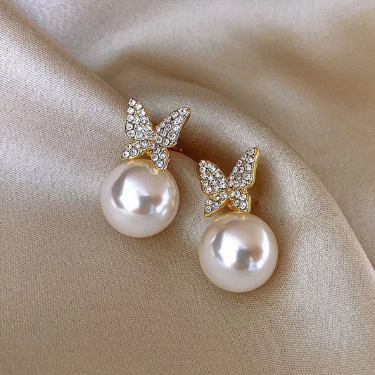 Korean Diamond Butterfly Pearl Drop Earrings ( can be worn in multiple ways)