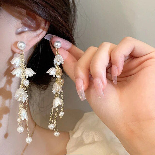 Korean Flower Tassel Drop Earrings