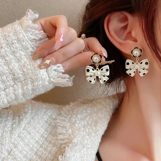 Korean White & Black Polka Dot Bow Earrings