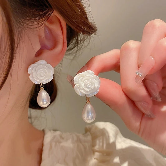 Korean White Rose Pearl Drop Earrings