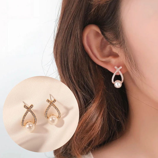 Rhinestone & Pearl Gold Embellished Stud Earrings
