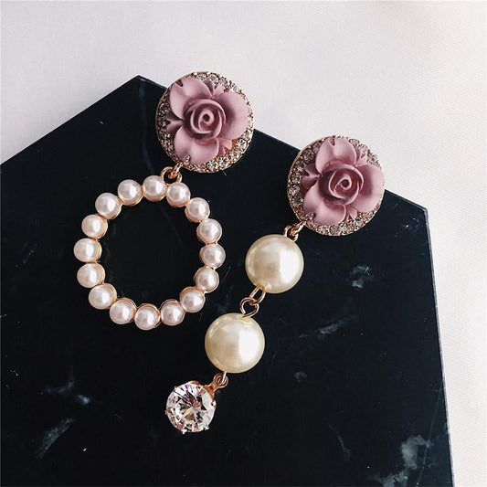 The Rosy Rose Korean Pearly Mismatch Earrings- purple